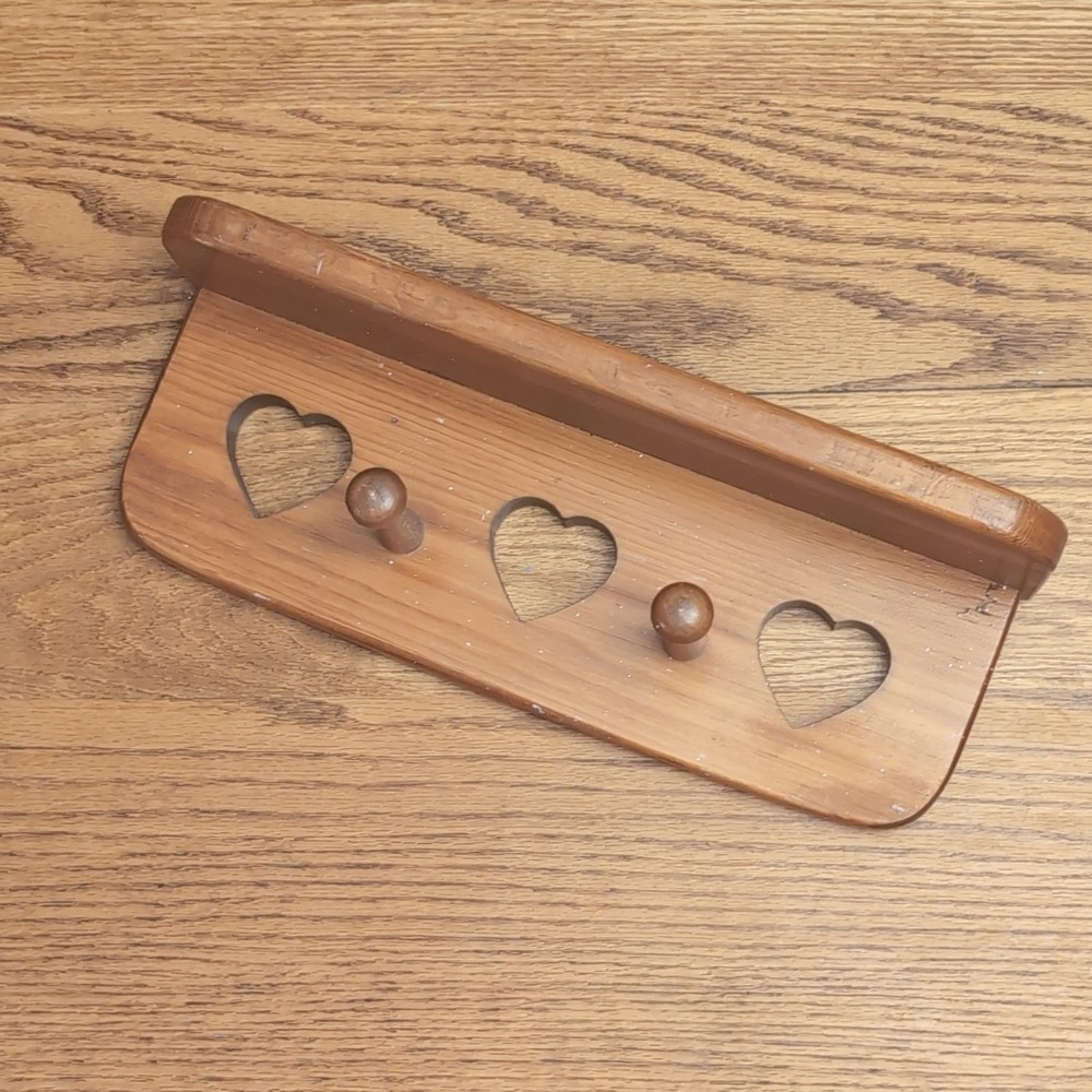 Wooden Wall Shelf 14" Brown Heart Cutouts 2 Pegs Wall Mountable